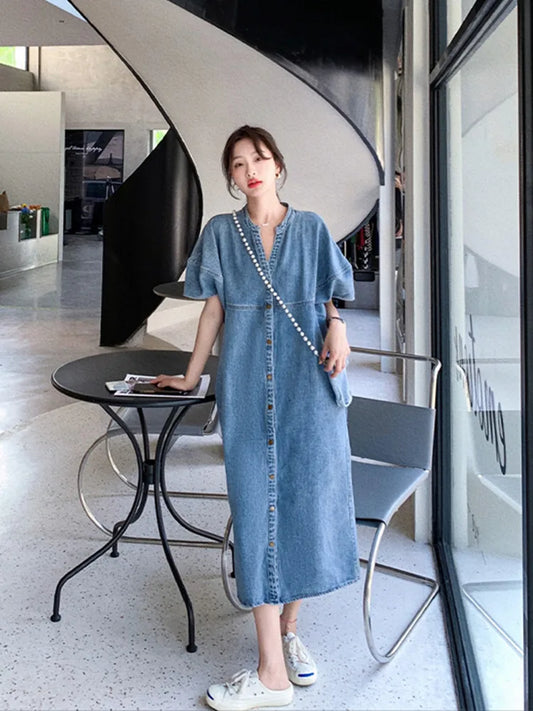 2024 Summer New Hong Kong Style Retro Thin Denim Dress Women's Premium Relaxed Casual Straight Length Long Dress