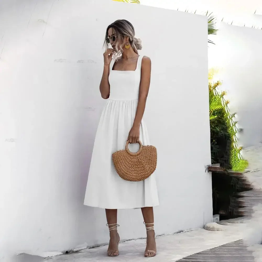 Customizable Women Long Dress Summer Sexy Backless Casual White Ruched Slip Midi Sundresses Pleated Spaghetti Strap Clothes