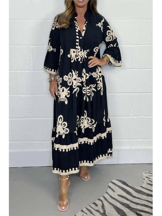 Women's Printed Loose Ethnic Retro Dress Spring Autumn V Neck Button A-Line Long Dress Summer 3/4 Sleeve Bohemian Maxi Dresses