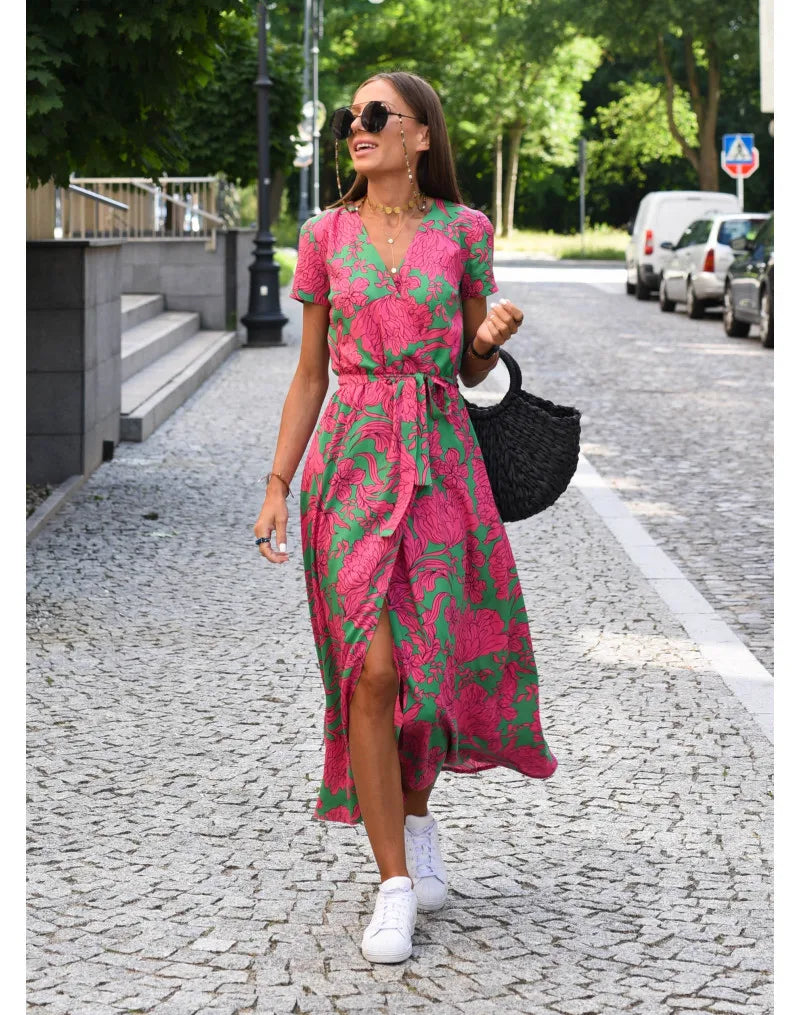 Summer Polka Dot Split Hem Long Dress Women 2023 New Fashion V Neck Print Sundress Vestidos Short Sleeved Waisted Lace-up Dress