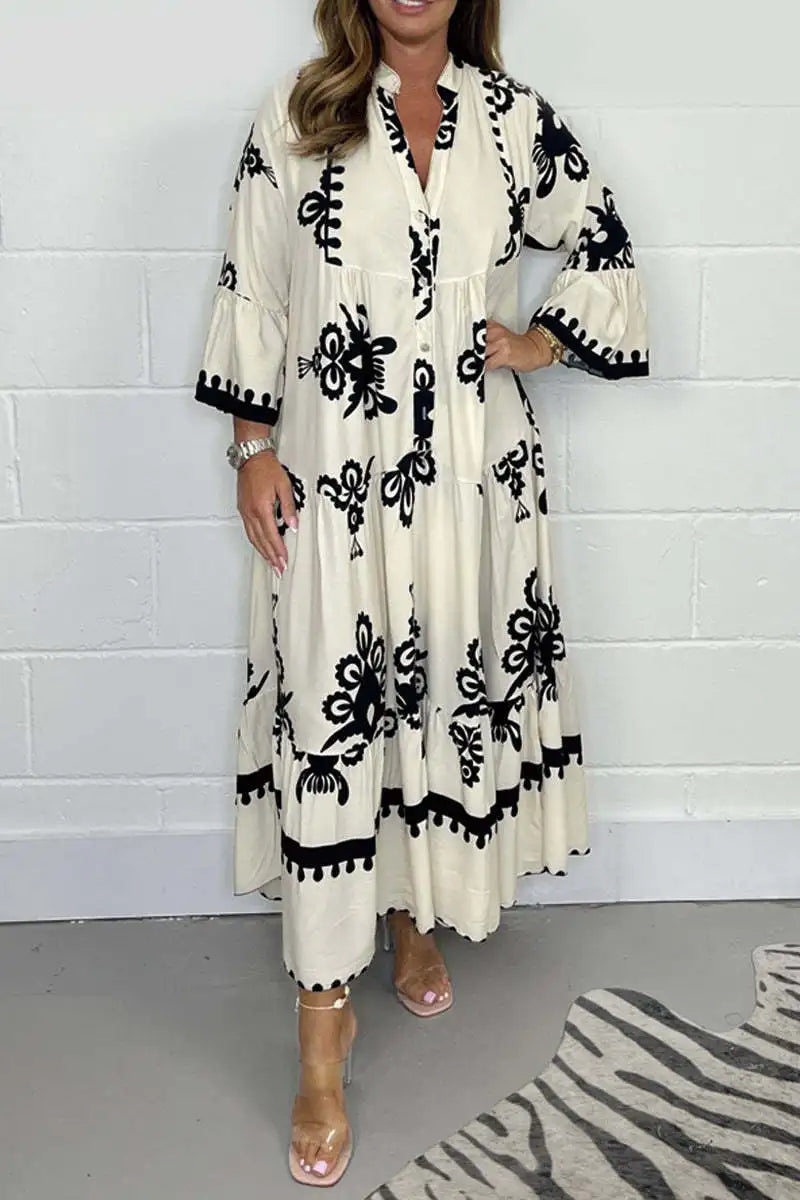 Women's Printed Loose Ethnic Retro Dress Spring Autumn V Neck Button A-Line Long Dress Summer 3/4 Sleeve Bohemian Maxi Dresses