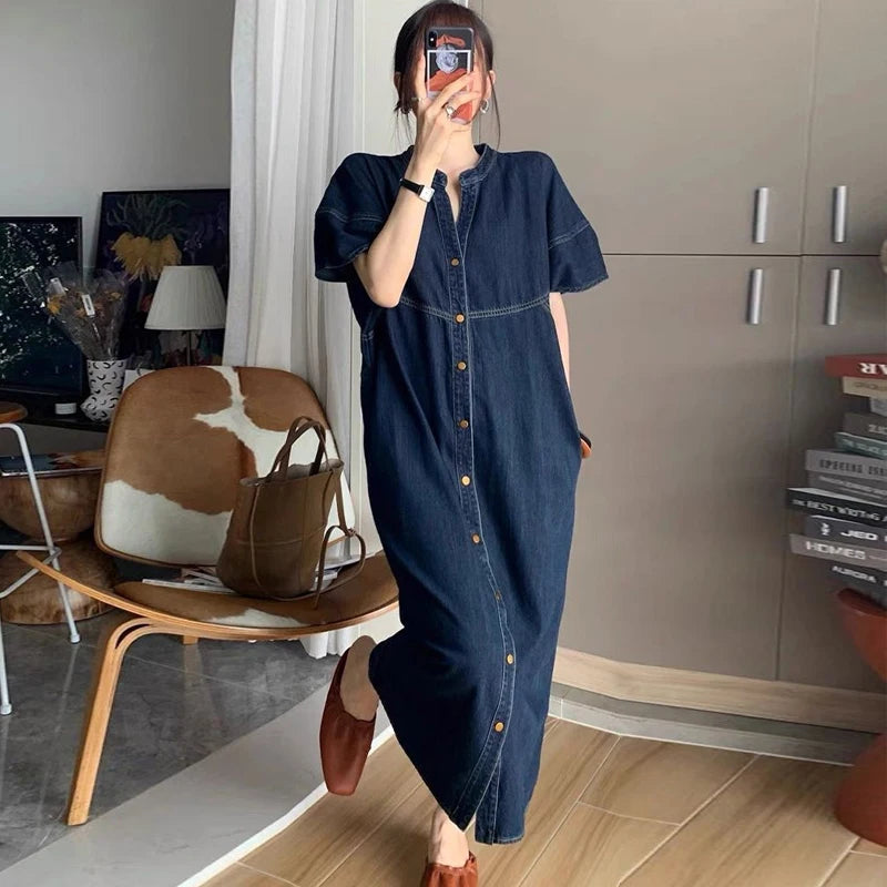 2024 Summer New Hong Kong Style Retro Thin Denim Dress Women's Premium Relaxed Casual Straight Length Long Dress
