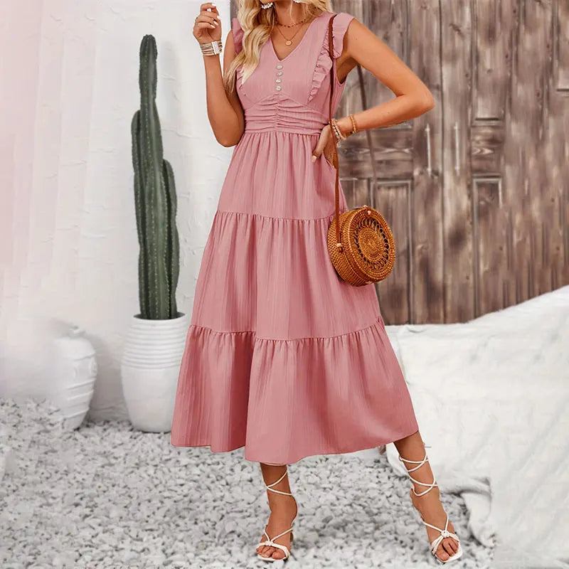 Y.KUKU Brand Long Dress Women Casual Slim Fit Summer Sleeveless High Waist V Neck Jacquard A-line Dresses Vacation Vestidos